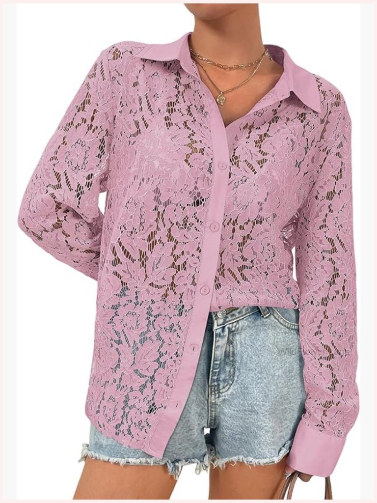 Women's Sheer Lace Long Sleeve Blouse Button Down V-Neck Elegant Dressy Top